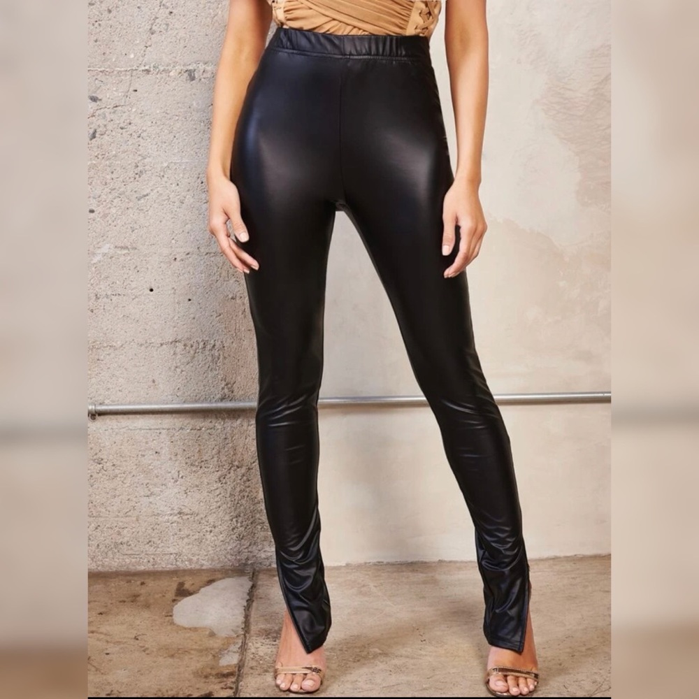 Elastic waist split leather pants